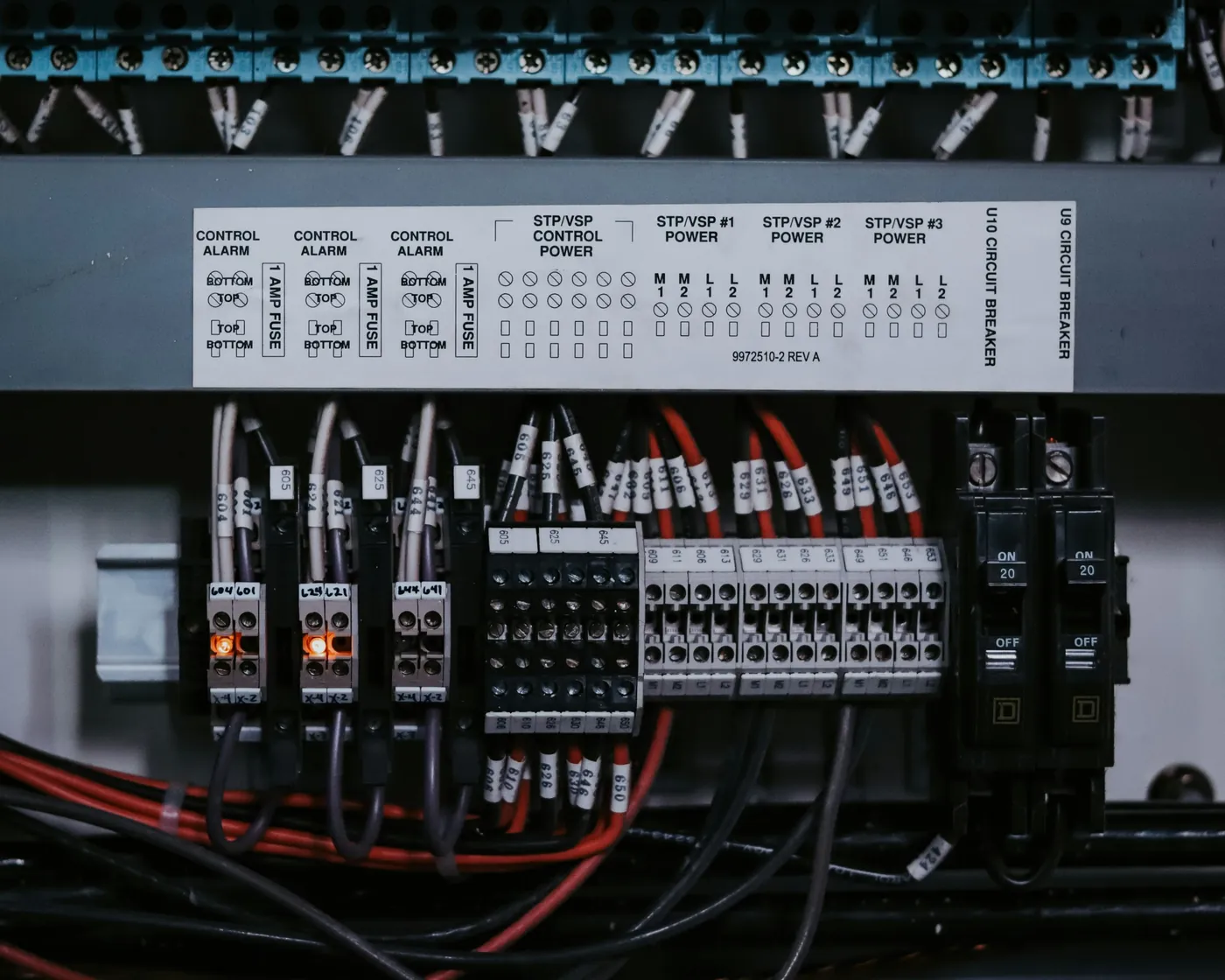 Control cabinet with breakers, terminal blocks and labeled wiring