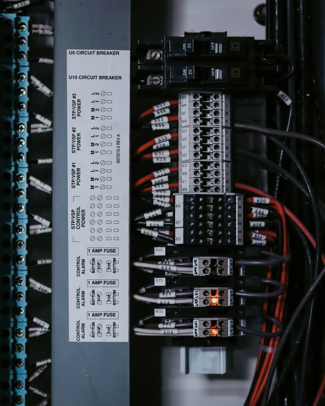 Industrial electrical control panel with circuit breakers and wiring