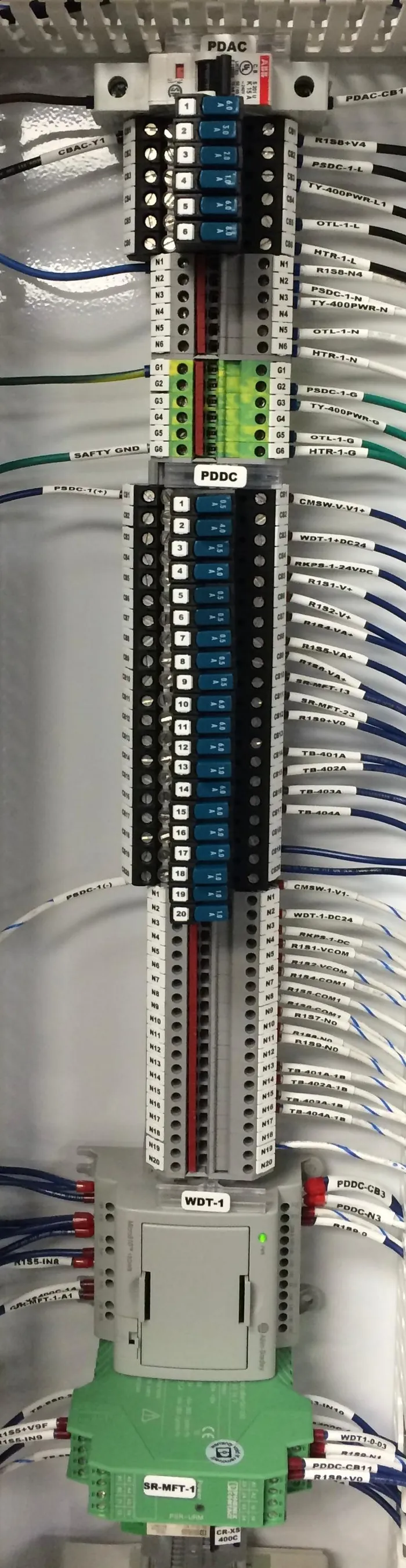 Labeled terminal blocks and wiring inside a control panel